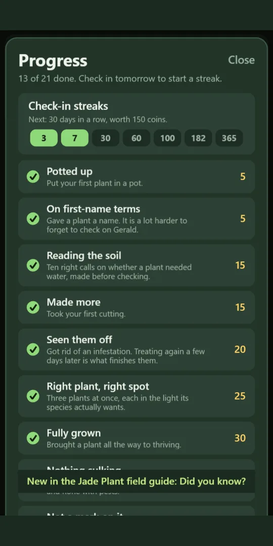The progress page with check-in streaks and achievements.