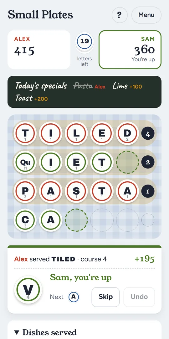 A game for two in progress: four plates of letter tiles, with TILED served as a fourth course.
